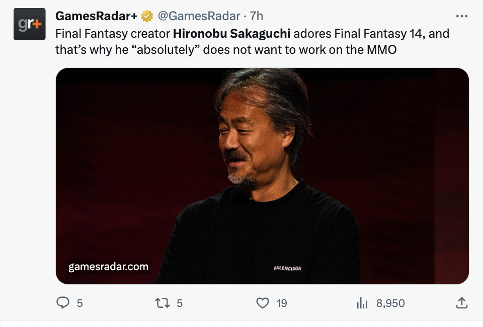 Twitter von Games Radar zu den News von Hironobu Sakaguchi,